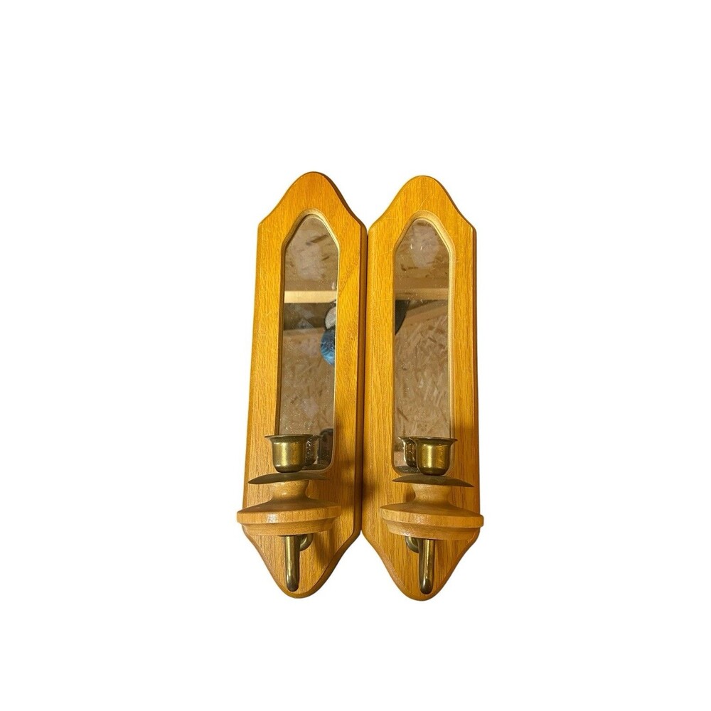 VINTAGE WOODEN WALL SCONCES WITH MIRROR MID CENTURY MODERN 13.5”
